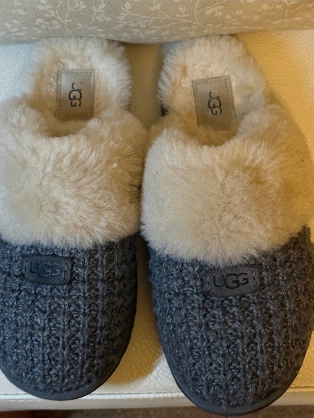 UGG Women's Gray Knit Slippers with Cream Sheepskin Cuff